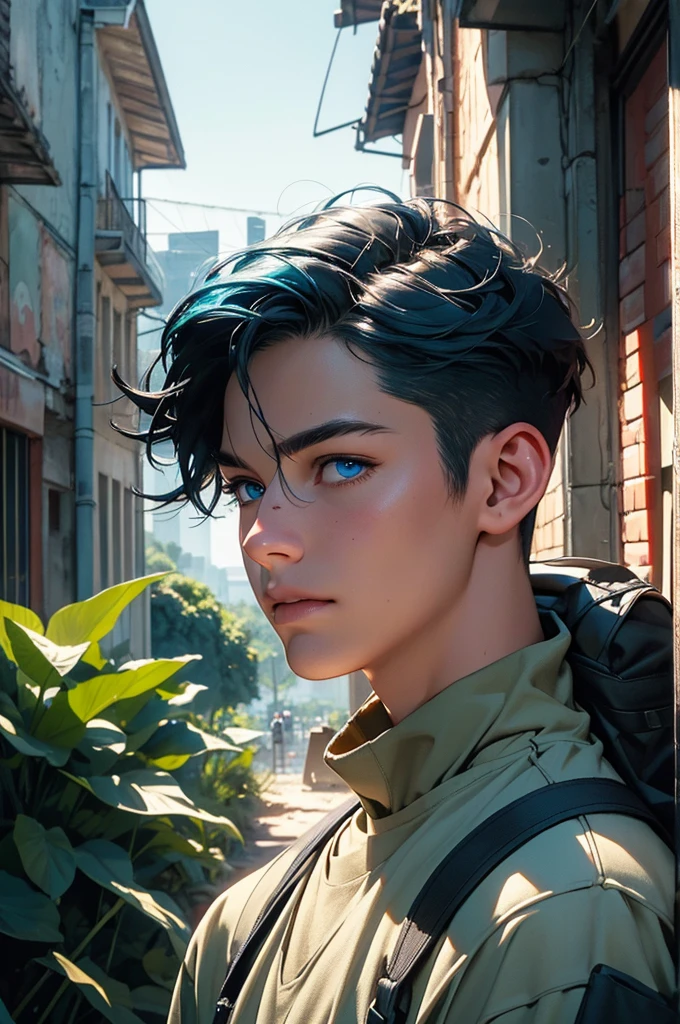 a young man in a post-apocalyptic city, detailed buildings in ruins, nature reclaiming its rightful place, lush vegetation, hiking outfit, blue hair, long eyelashes, warm smile, river, climbing plants, backpack, (best quality,4k,8k,highres,masterpiece:1.2),ultra-detailed,(realistic,photorealistic,photo-realistic:1.37),detailed environment, epic landscape, moody lighting, cinematic composition, dramatic atmosphere, vibrant colors, environmental storytelling, flower, wild animal, blue eyes, cap.