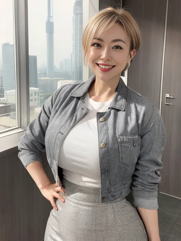 In 8K、Ultra-high resolution、Highest quality、Masseter region、Realistic、Ultra-high resolution、(Huge 、Quite large breasts、Toned body:1.3)(Always an office lady、Wet white shirt、must wear a gray tight skirt and jacket、Office in a high rise building:1.3)(Dark blonde hair and extremely short hair、Japanese women、very cute、Cute Smile:1.28)Black Pin Heels,(((Full body photo))),((Detailed face:1.5))