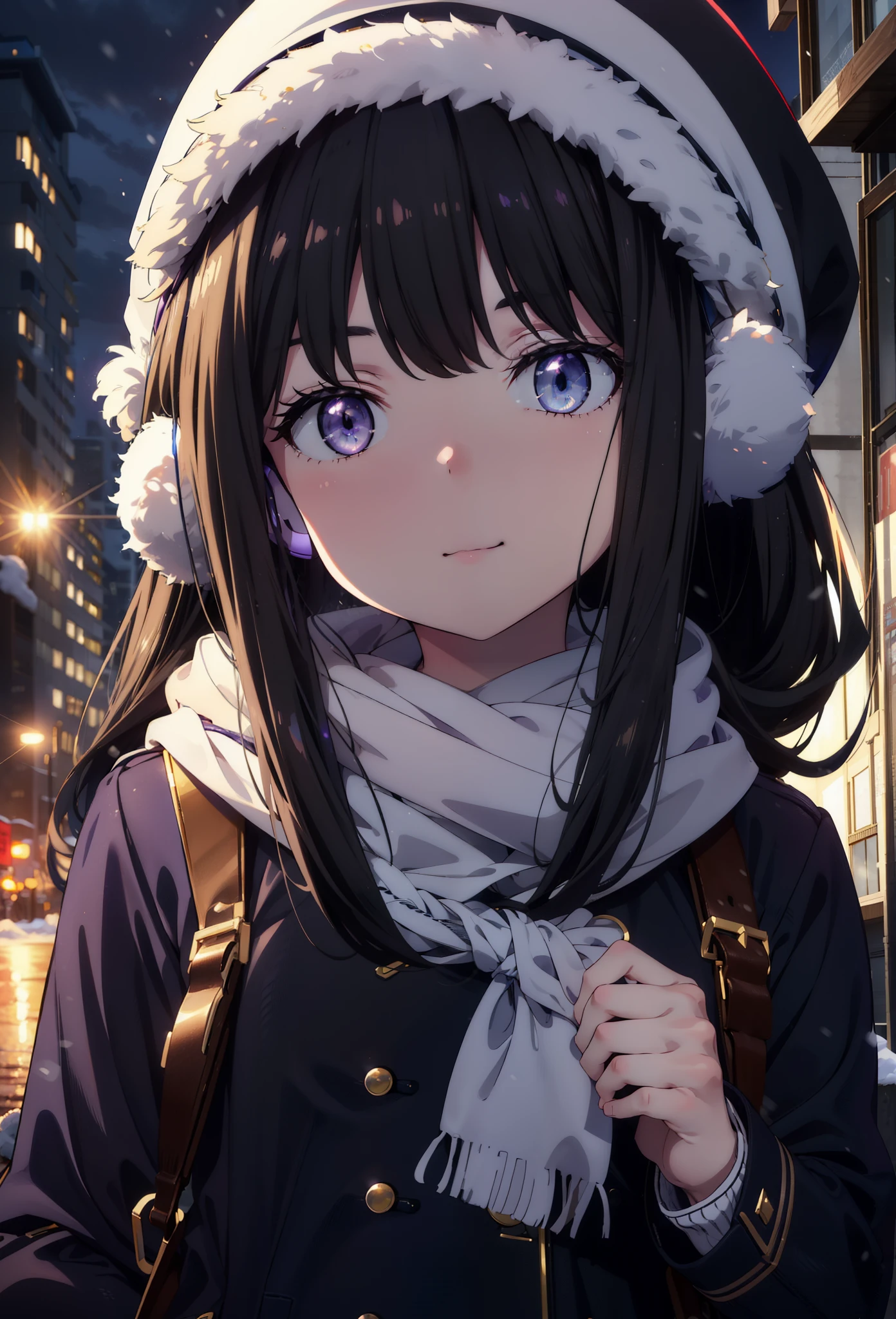 Takiuchikami,Long Hair, bangs, Black Hair, (Purple eyes:1.2),happy smile, smile, Open your mouth,Knitted hat,Earmuffs,Blue oversized coat,White Sweater,White scarf,Long skirt,Black pantyhose,short boots,snowが積もっている,snowが降っている,winter,Cold Sky,night,moonlight,snow,snow,snow,snow,whole bodyがイラストに入るように,Walking,
break looking at viewer, whole body,
break outdoors, city,construction area,
break (masterpiece:1.2), highest qualそれy, High resolution, unそれy 8k wallpaper, (shape:0.8), (Beautiful and beautiful eyes:1.6), Highly detailed face, Perfect lighting, Extremely detailed CG, (Perfect hands, Perfect Anatomy),