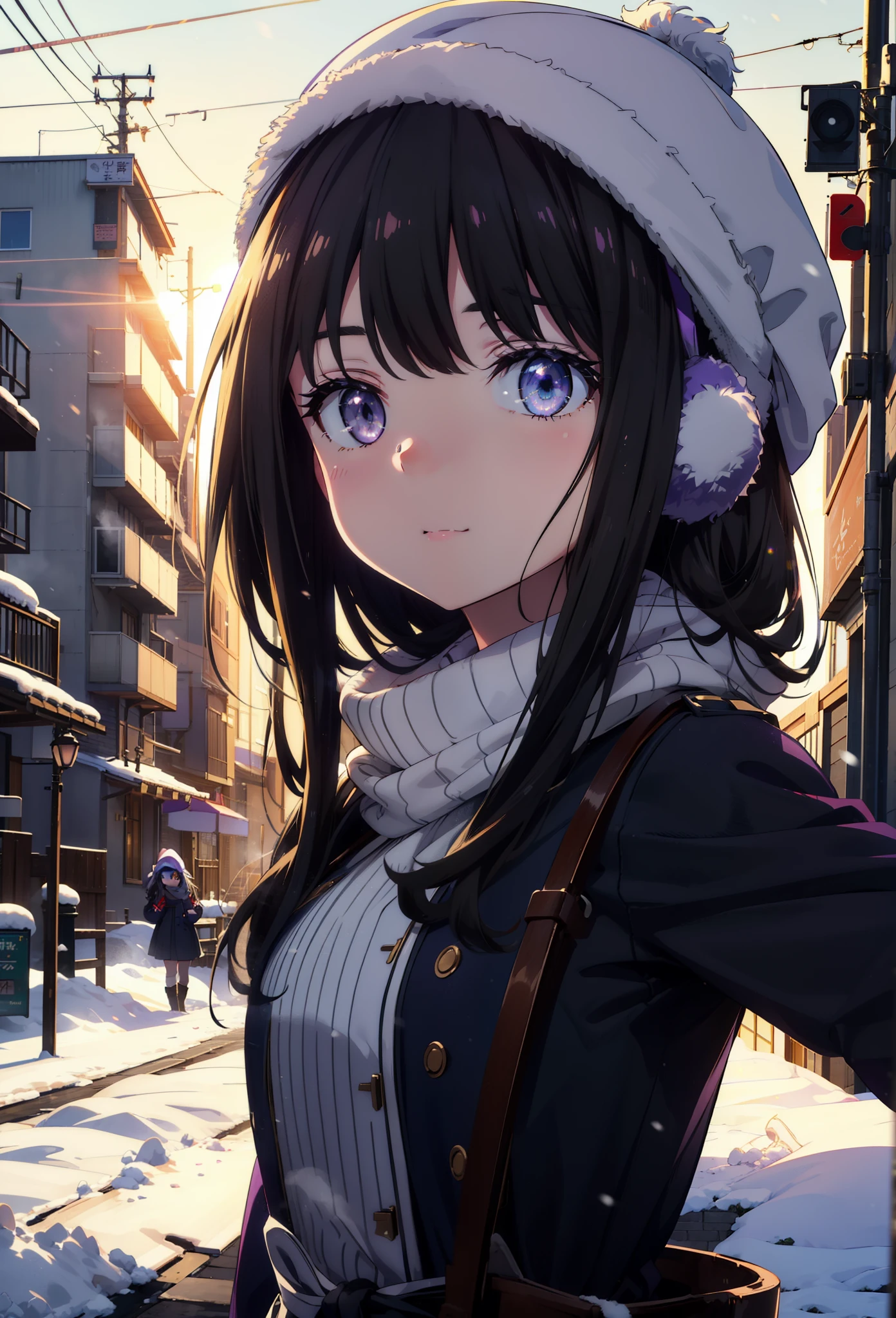 Takiuchikami,Long Hair, bangs, Black Hair, (Purple eyes:1.2),happy smile, smile, Open your mouth,Knitted hat,Earmuffs,Blue oversized coat,White Sweater,White scarf,Long skirt,Black pantyhose,short boots,snowが積もっている,snowが降っている,winter,Cold Sky,night,moonlight,snow,snow,snow,snow,whole bodyがイラストに入るように,Walking,
break looking at viewer, whole body,
break outdoors, city,construction area,
break (masterpiece:1.2), highest qualそれy, High resolution, unそれy 8k wallpaper, (shape:0.8), (Beautiful and beautiful eyes:1.6), Highly detailed face, Perfect lighting, Extremely detailed CG, (Perfect hands, Perfect Anatomy),