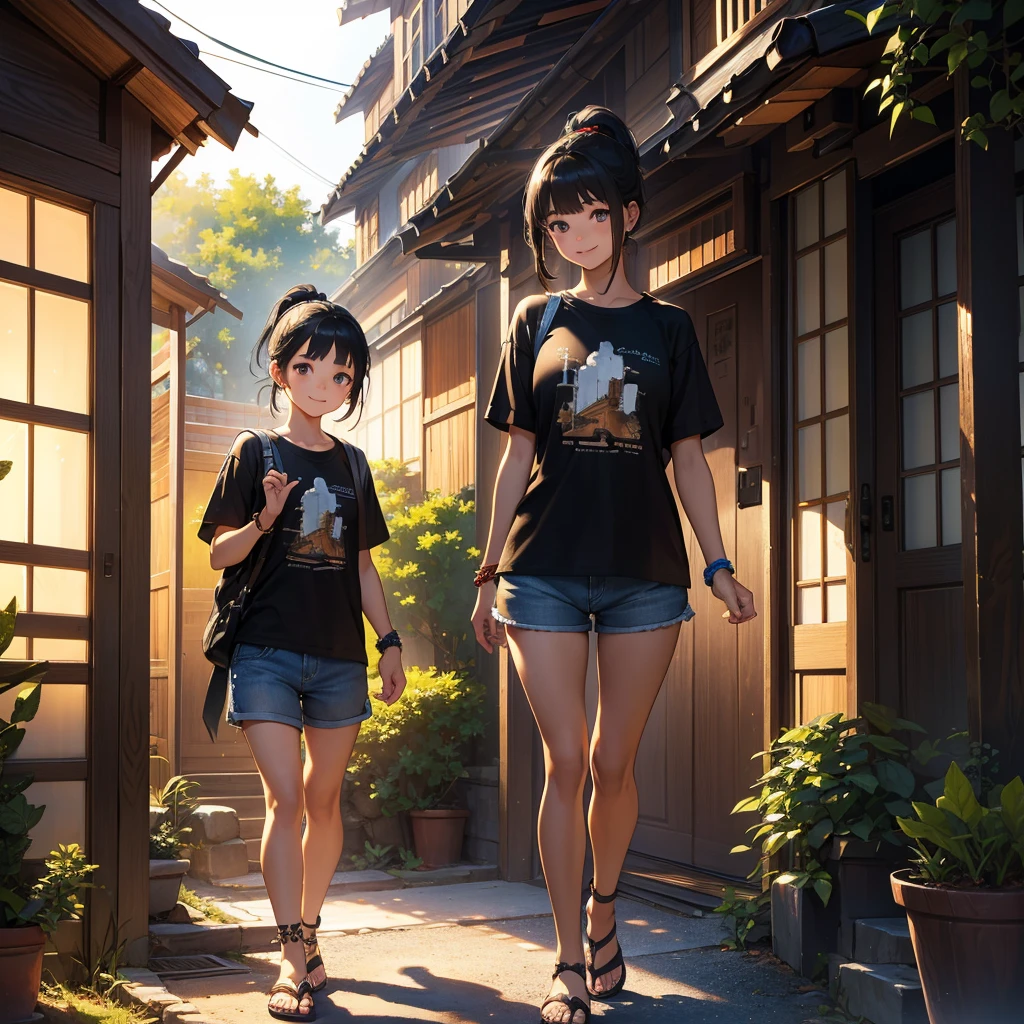 A young girl standing by entrance of a Japanese home, gravel garden, waving her arm, 12 years old, ((wearing shorts and black t-shirt)), beaded bracelet on right wrist, sandals, tanned skin, smiling, medium shot, black hair in ponytail with blue hairpin on bangs, beautiful detailed eyes, beautiful detailed lips, extremely detailed eyes and face, long eyelashes, intricate details, natural lighting, warm color tones, vibrant colors, cinematic, studio lighting, professional photography, landscape, architectural, concept art