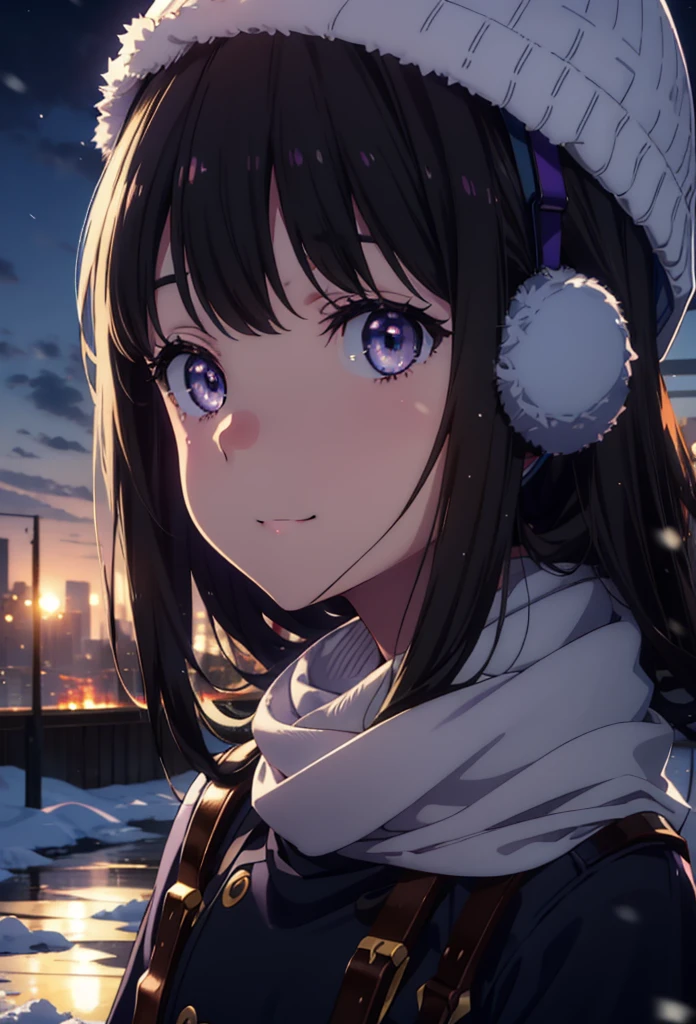 Takiuchikami,Long Hair, bangs, Black Hair, (Purple eyes:1.2),happy smile, smile, Open your mouth,Knitted hat,Earmuffs,Blue oversized coat,White Sweater,White scarf,Long skirt,Black pantyhose,short boots,snowが積もっている,snowが降っている,winter,Cold Sky,night,moonlight,snow,snow,snow,snow,whole bodyがイラストに入るように,Walking,
break looking at viewer, whole body,
break outdoors, city,construction area,
break (masterpiece:1.2), highest qualそれy, High resolution, unそれy 8k wallpaper, (shape:0.8), (Beautiful and beautiful eyes:1.6), Highly detailed face, Perfect lighting, Extremely detailed CG, (Perfect hands, Perfect Anatomy),