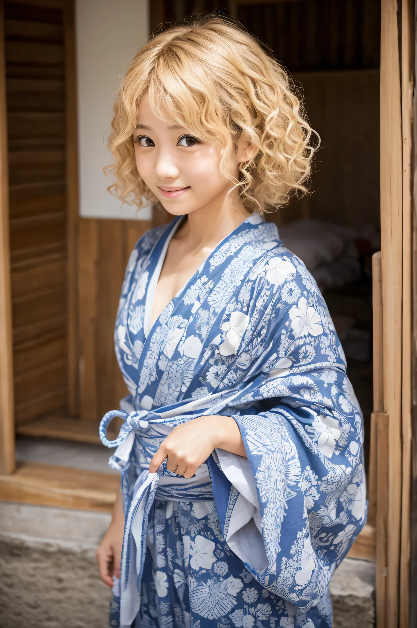 whole body Curly Hair cute RAW photograph yukata Real Whitening older sister looking at the camera front Blonde
