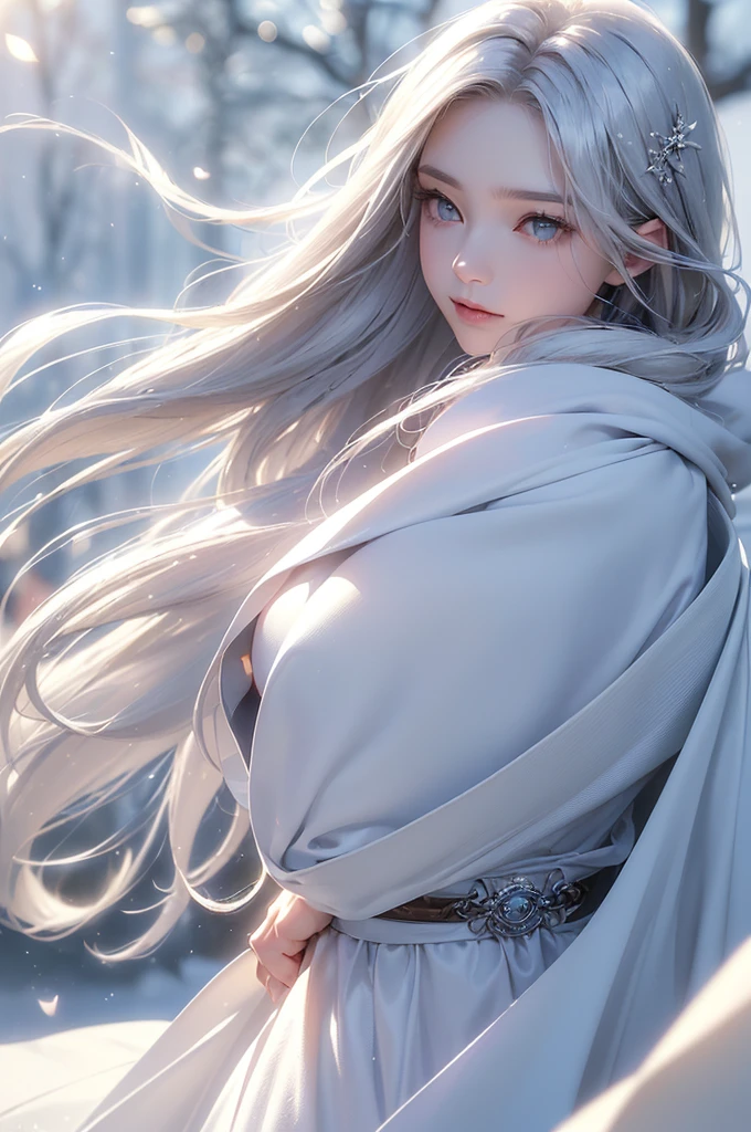 ((masterpiece:1.5、8k、Portraiture、フォトリアリスティックでVery detailedなCG、Very detailed、Particle Effects、Dynamic Effects、Shallow depth of field、Cinematic Light、Lens flare、Ray Tracing、Tabletop、Realistic:1.4、Ultra-high resolution:1.2、Realistic、Realistic))((alone、,オフショルダーのドレスの上にカシミアのcoatを着た女性:1.4、wear a long scarf、White belt、coat、Elegant woman posing、Detailed face、bright表情、young, bright, Whiter skin、Ample 、Best Looks、Ultimate beauty、Shiny silver hair with highlights、bright and shiny hair,、Super long, Silky straight hair、Hair dancing in the wind))(morning、outdoors, winter, snow falling)