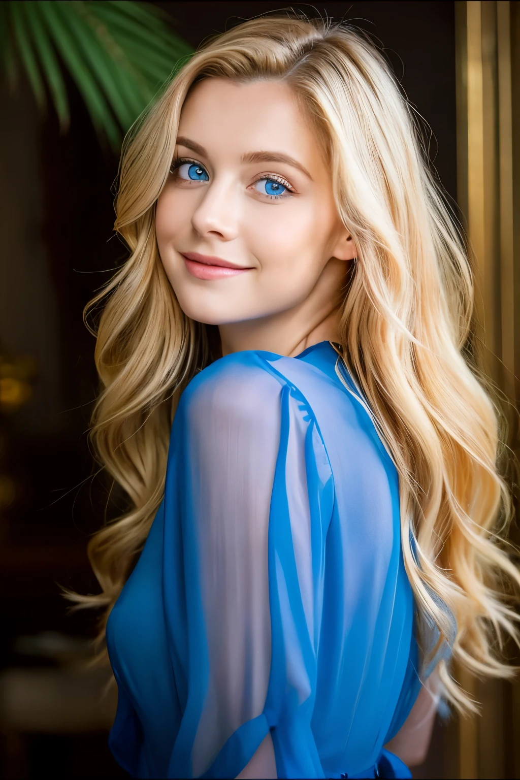 ((Best quality, 8k, Masterpiece :1.3)), A striking blonde woman of 22 years, emphasizing her sexiness with a slightly transparent blouse that reveals a hint of her femininity: 1.2, long wavy hair: 1.1, (delicate camera in hand: 1.1), perfectly positioned in front: 1.3, (high-resolution portrait: 1.2), flawless skin texture: 1.3, captivating blue eyes: 1.2, expressing an enigmatic smile: 1.1, sensual pose: 1.2, (showcasing toned arms: 1.1