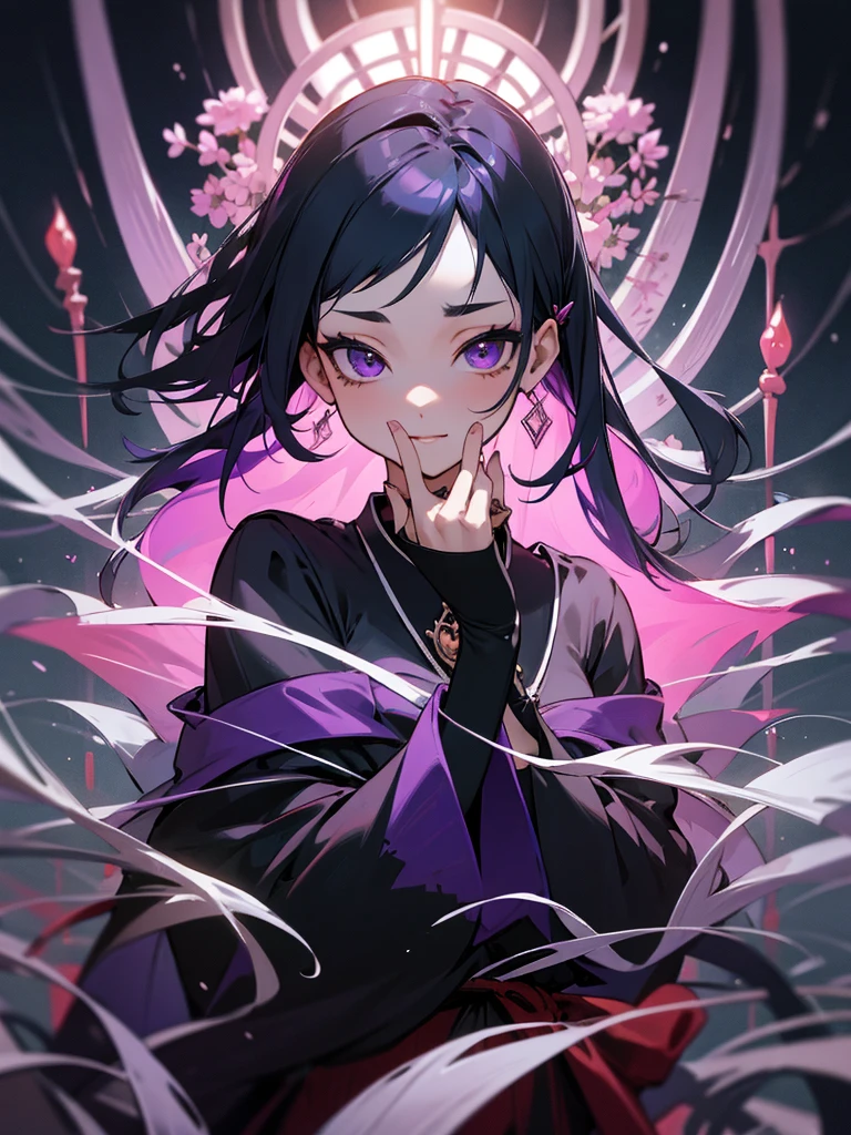 1girl, Solo, Looking at viewer,  Jujutsu Kaisen, Purple eyes, Black hair, Puple hightlights, Absurdly Long Hair, Four Arms, Four Arms

#### **Hair:**
- **Color:** Midnight black with subtle dark purple highlights that shimmer under light.
- **Style:** Long and flowing, often styled in a half-up, half-down look. The upper half is secured with traditional, ornate hairpins, giving her a timeless and elegant appearance. The lower half cascades down her back, slightly wavy, adding a soft and ethereal touch to her overall look.
- **Hairpins:** The hairpins are intricate, adorned with small charms and beads that reflect her connection to both her past life and her current one. These hairpins also serve as a nod to her heritage and traditional Japanese aesthetics.
#### **Eyes:**
- **Color:** Piercing violet eyes.
- **Expression:** Her eyes are striking and seem to hold the wisdom and sorrow of her past life. They are often the first feature people notice, drawing others in with their depth and intensity.
- **Makeup:** She wears minimal makeup, with a focus on accentuating her natural beauty. A light touch of eyeliner and mascara emphasizes her eye shape, and a subtle hint of purple eyeshadow complements her eye color.
#### **Facial Features:**
- **Complexion:** Aiko has a fair and smooth complexion, with a hint of warmth. Her skin is flawless, giving her an almost otherworldly appearance.
- **Features:** She has delicate and refined features, with high cheekbones, a straight nose, and a softly curved jawline. Her lips are naturally rosy, often with a gentle smile that conveys her compassionate nature.
###**Clothing**
she wears a dark purple kimono with intricate red and black embroidery, paired with black thigh high socks and black zori she also wears a lace wedding veil to match her kimono, An amethyst pendant around her neck, a memento from her previous life, and a set of prayer beads wrapped around her wrist. Aiko has four arms. 