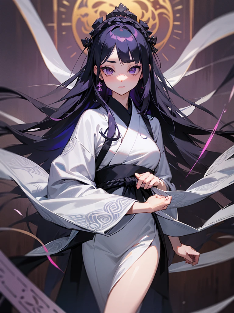1girl, Solo, Looking at viewer, Jujutsu Kaisen, Purple eyes, Black hair, Puple hightlights, Absurdly Long Hair, Four Arms, Four Arms
#### **Hair:**
- **Color:** Midnight black with subtle dark purple highlights that shimmer under light.
- **Style:** Long and flowing, often styled in a half-up, half-down look. The upper half is secured with traditional, ornate hairpins, giving her a timeless and elegant appearance. The lower half cascades down her back, slightly wavy, adding a soft and ethereal touch to her overall look.
- **Hairpins:** The hairpins are intricate, adorned with small charms and beads that reflect her connection to both her past life and her current one. These hairpins also serve as a nod to her heritage and traditional Japanese aesthetics.
#### **Eyes:**
- **Color:** Piercing violet eyes.
- **Expression:** Her eyes are striking and seem to hold the wisdom and sorrow of her past life. They are often the first feature people notice, drawing others in with their depth and intensity.
- **Makeup:** She wears minimal makeup, with a focus on accentuating her natural beauty. A light touch of eyeliner and mascara emphasizes her eye shape, and a subtle hint of purple eyeshadow complements her eye color.
#### **Facial Features:**
- **Complexion:** Aiko has a fair and smooth complexion, with a hint of warmth. Her skin is flawless, giving her an almost otherworldly appearance.
- **Features:** She has delicate and refined features, with high cheekbones, a straight nose, and a softly curved jawline. Her lips are naturally rosy, often with a gentle smile that conveys her compassionate nature.
###**Clothing**
she wears a dark purple kimono with intricate red and black embroidery, paired with black thigh high socks and black zori she also wears a lace wedding veil to match her kimono, An amethyst pendant around her neck, a memento from her previous life, and a set of prayer beads wrapped around her wrist. Aiko has four arms.