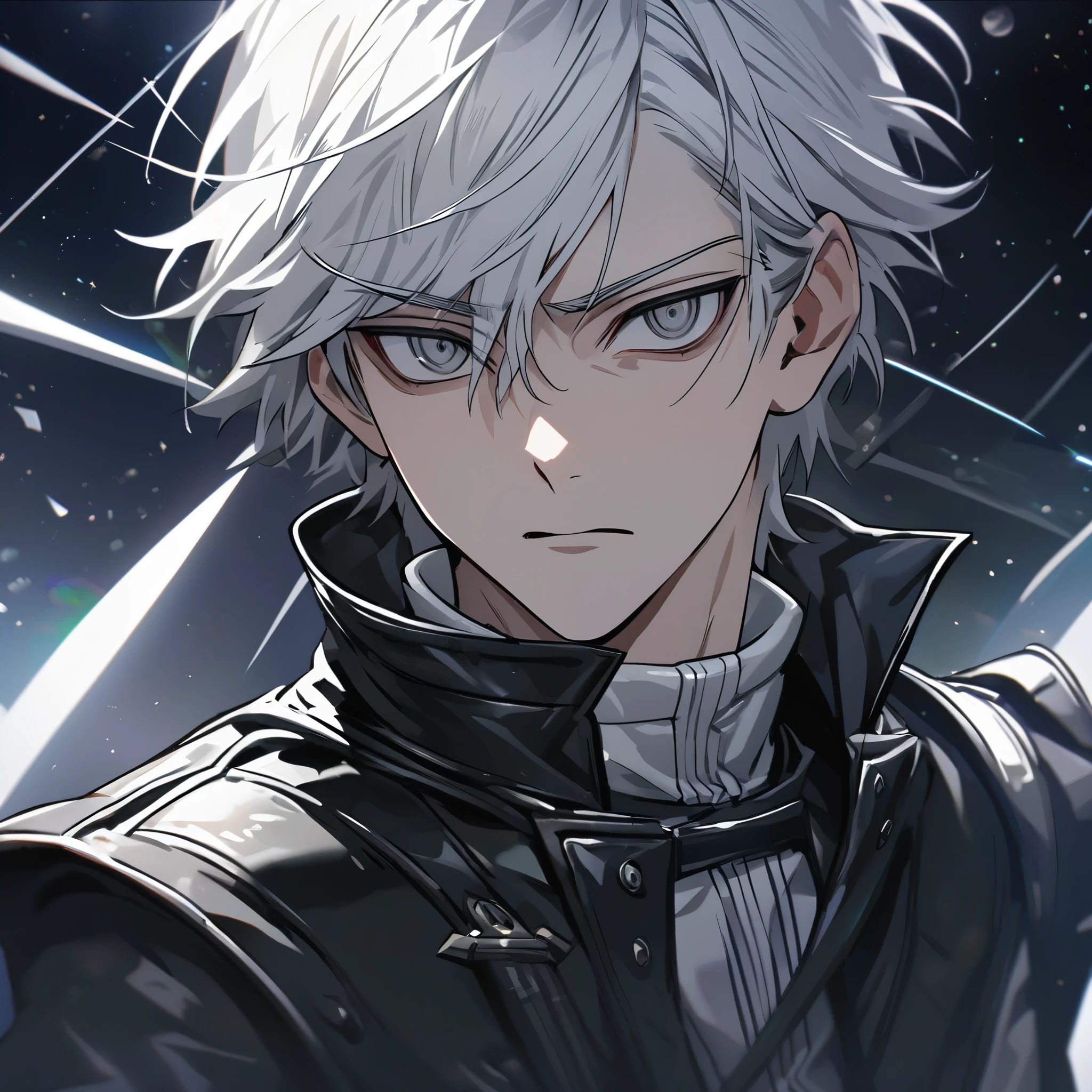 High quality, HD, 4k, no shadows, handsome male, 1male, , teenager, shwhite hair, silver hair, white hair, sharp eyes, dark grey colored eyes, deep grey eyes, grey eyes, devil may cry, close up, calm expression, stoic expression, black leather clothes, white leather clothing, lean body, well trained body, upper body, looking at viewer, cowboy shot, white solar, space background