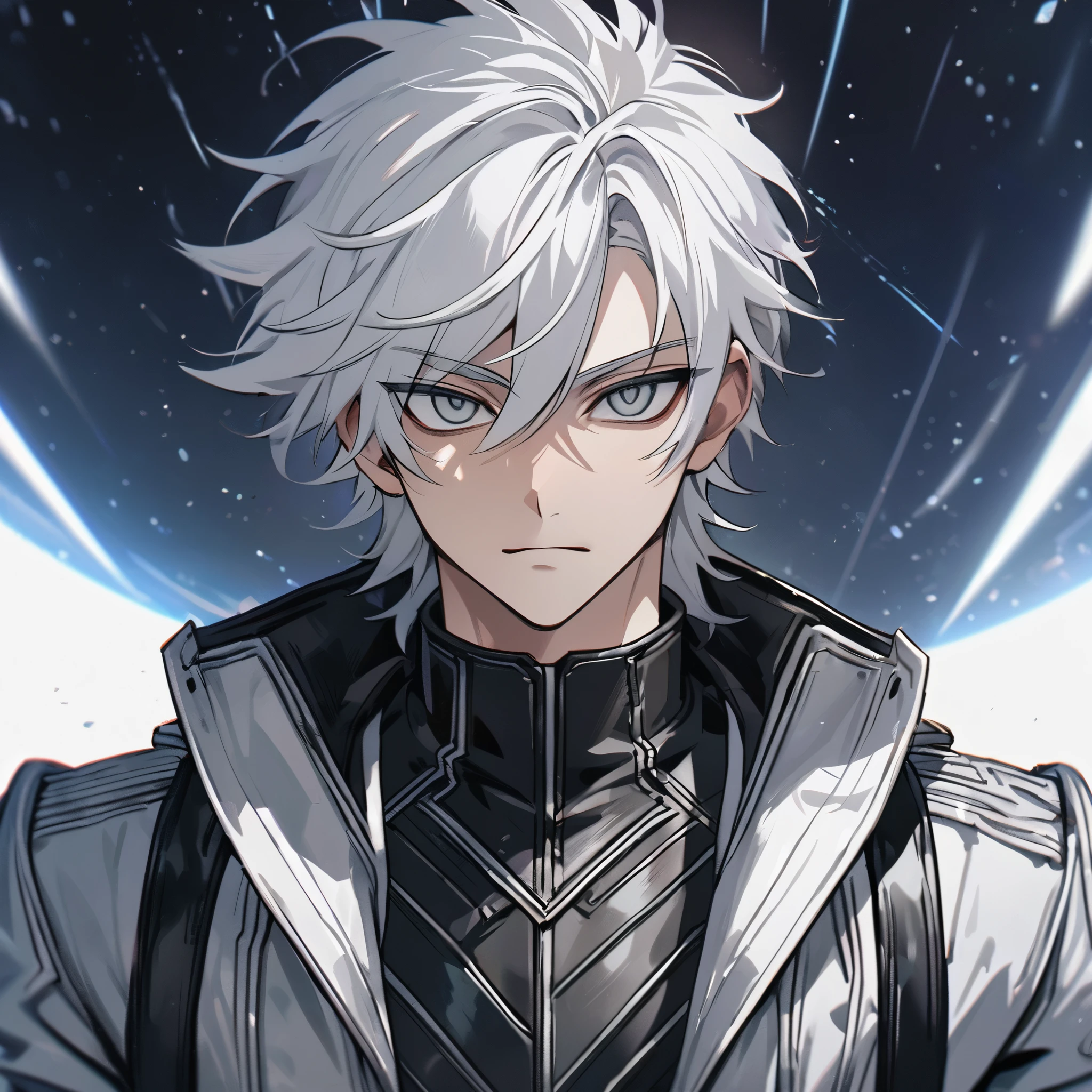 High quality, HD, 4k, no shadows, handsome male, 1male, 17 years old, teenager, short white hair, silver hair, white hair, sharp eyes, dark grey colored eyes, deep grey eyes, grey eyes, devil may cry, close up, calm expression, stoic expression, black leather clothes, white leather clothing, lean body, well trained body, upper body, looking at viewer, cowboy shot, white solar, space background