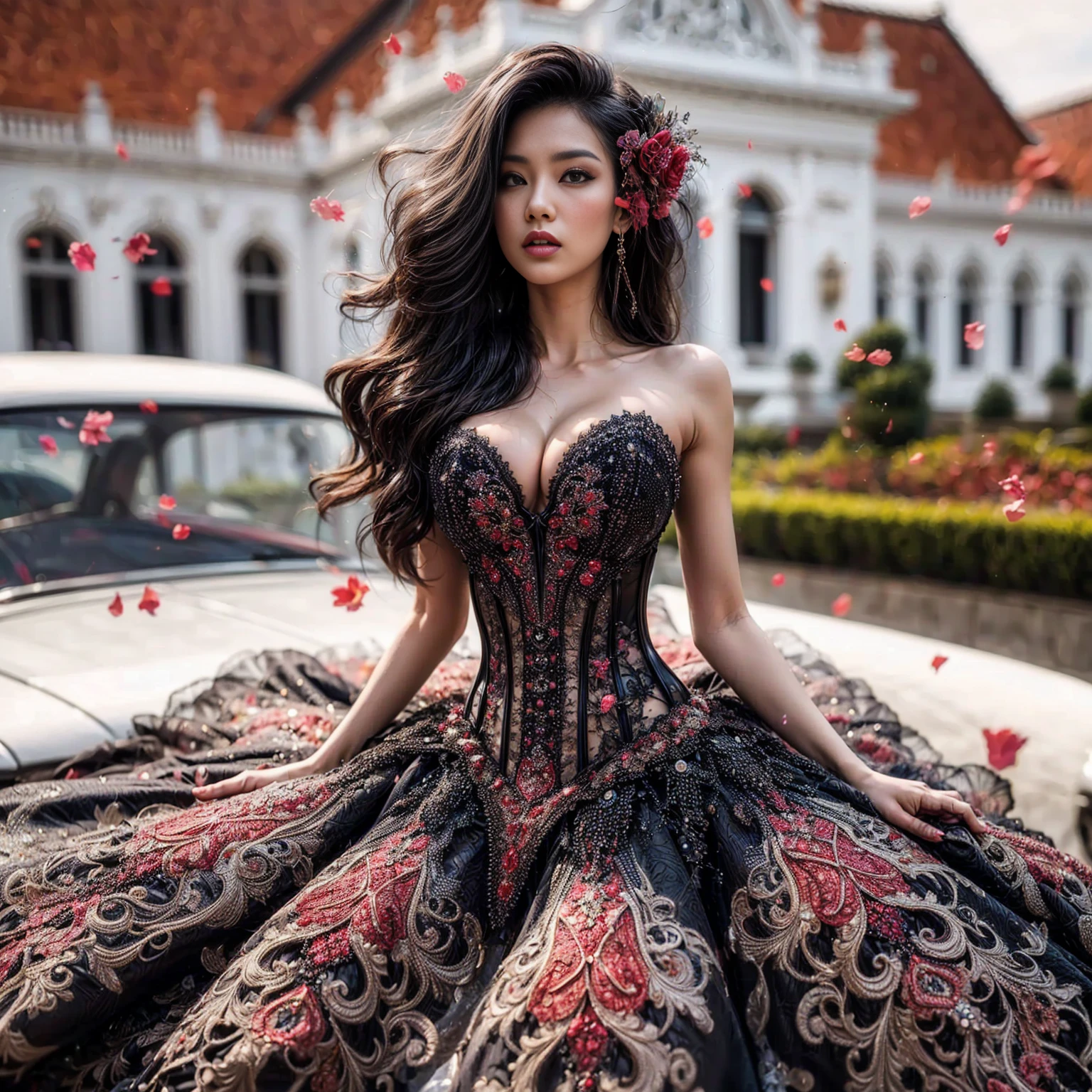 An asian woman fair skin with loose hair, standing on the stairs in the middle of a magical atmosphere, with a predominantly blue and red costume, a strapless corset-style dress decorated with bright purple jewels, a short tutu skirt, black thigh-high latex stockings with lace tops and ornaments purple jewels, white high heels with gold decoration, grand staircase background under mysterious sky full of stars and celestial bodies, crystal detailed, hyper realistic, hyper detail Transparent clothing, Detailed gemstones, masterpiece, best quality:1.2),,(8k,highres,RAW photo,realistic,photo-realistic:1.3),(detailed skin texture,detailed cloth texture, beautiful detailed face:1.25),professional lighting,photon mapping,beautiful soft light,radiosity,physically-based rendering,raytracing, model shoot style, model shoot style, (extremely detailed CG unity 8k wallpaper), full shot body photo of the most beautiful artwork in the world (NSFW), (Nude), (Naked), (Nipple) (pussy) (small pussy) (tight pussy) 