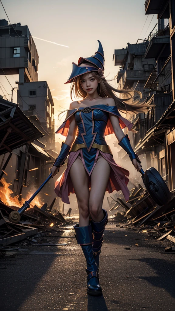 (Giantess element, high resolution, high quality, accurate body structure, detailed body), focus on girl,
BREAK,
(Black Magician Girl: 1.3), sexy, combat uniform, girl, looking up at approaching woman from below, cute, (Girl destroying town with magic: 1.4), mischievous expression, white skin, smiling, trampling, walking, anatomically correct, accurate human body, accurate skeleton, full body portrait, shock wave from girl's hand, (shock wave from magic wand),
BREAK,
Destroying town, rubble, burning town, destroyed buildings, collapsed highway, car being crushed, evacuation of residents, sunset, burning town, rubble scattered at feet, increasing destructive elements,