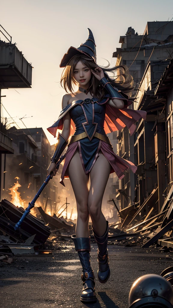 (Giantess element, high resolution, high quality, accurate body structure, detailed body), focus on girl,
BREAK,
(Black Magician Girl: 1.3), sexy, combat uniform, girl, looking up at approaching woman from below, cute, (Girl destroying town with magic: 1.4), mischievous expression, white skin, smiling, trampling, walking, anatomically correct, accurate human body, accurate skeleton, full body portrait, shock wave from girl's hand, (shock wave from magic wand),
BREAK,
Destroying town, rubble, burning town, destroyed buildings, collapsed highway, car being crushed, evacuation of residents, sunset, burning town, rubble scattered at feet, increasing destructive elements,