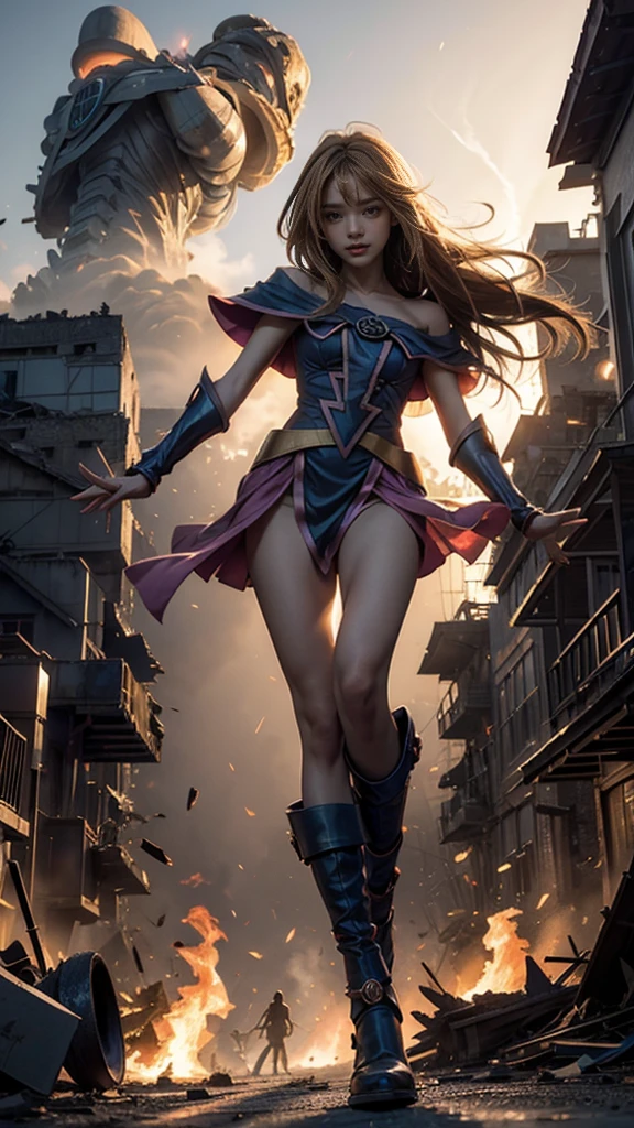 (Giantess element, high resolution, high quality, accurate body structure, detailed body), focus on girl,
BREAK,
(Black Magician Girl: 1.3), sexy, combat uniform, girl, looking up at approaching woman from below, cute, (Girl destroying town with magic: 1.4), mischievous expression, white skin, smiling, trampling, walking, anatomically correct, accurate human body, accurate skeleton, full body portrait, shock wave from girl's hand, (shock wave from magic wand),
BREAK,
Destroying town, rubble, burning town, destroyed buildings, collapsed highway, car being crushed, evacuation of residents, sunset, burning town, rubble scattered at feet, increasing destructive elements,