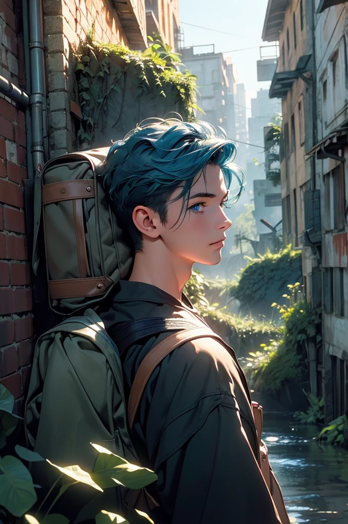 a young man in a post-apocalyptic city, detailed buildings in ruins, nature reclaiming its rightful place, lush vegetation, hiking outfit, blue hair, long eyelashes, warm smile, river, climbing plants, backpack, (best quality,4k,8k,highres,masterpiece:1.2),ultra-detailed,(realistic,photorealistic,photo-realistic:1.37),detailed environment, epic landscape, moody lighting, cinematic composition, dramatic atmosphere, vibrant colors, environmental storytelling, flower, wild animal, blue eyes.