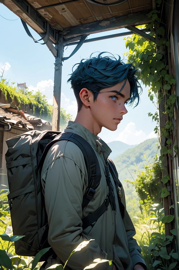 a young man in a post-apocalyptic city, detailed buildings in ruins, nature reclaiming its rightful place, lush vegetation, hiking outfit, blue hair, long eyelashes, warm smile, river, climbing plants, backpack, (best quality,4k,8k,highres,masterpiece:1.2),ultra-detailed,(realistic,photorealistic,photo-realistic:1.37),detailed environment, epic landscape, moody lighting, cinematic composition, dramatic atmosphere, vibrant colors, environmental storytelling, flower, wild animal, blue eyes.