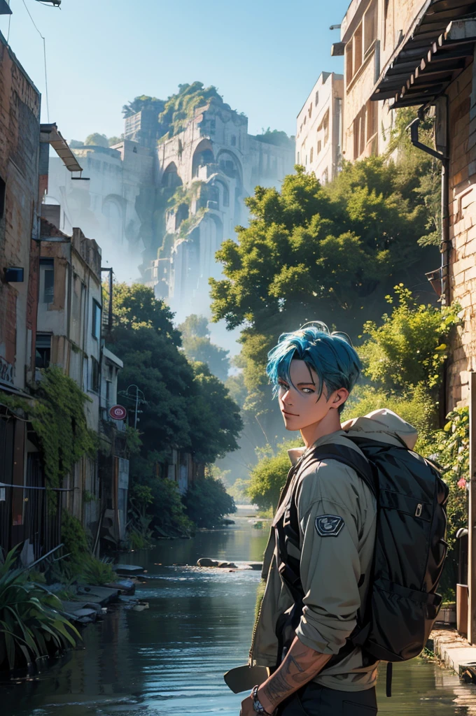 a young man in a post-apocalyptic city, detailed buildings in ruins, nature reclaiming its rightful place, lush vegetation, hiking outfit, blue hair, long eyelashes, warm smile, river, climbing plants, backpack, (best quality,4k,8k,highres,masterpiece:1.2),ultra-detailed,(realistic,photorealistic,photo-realistic:1.37),detailed environment, epic landscape, moody lighting, cinematic composition, dramatic atmosphere, vibrant colors, environmental storytelling, flower, wild animal, blue eyes.