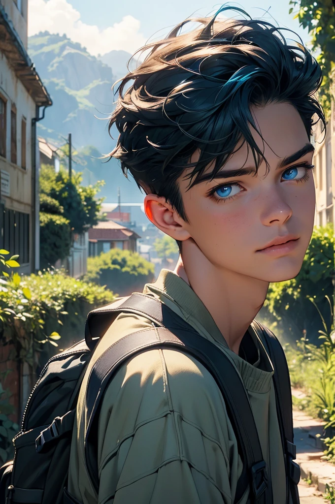a young man in a post-apocalyptic city, detailed buildings in ruins, nature reclaiming its rightful place, lush vegetation, hiking outfit, blue hair, long eyelashes, warm smile, river, climbing plants, backpack, (best quality,4k,8k,highres,masterpiece:1.2),ultra-detailed,(realistic,photorealistic,photo-realistic:1.37),detailed environment, epic landscape, moody lighting, cinematic composition, dramatic atmosphere, vibrant colors, environmental storytelling, flower, wild animal, blue eyes.