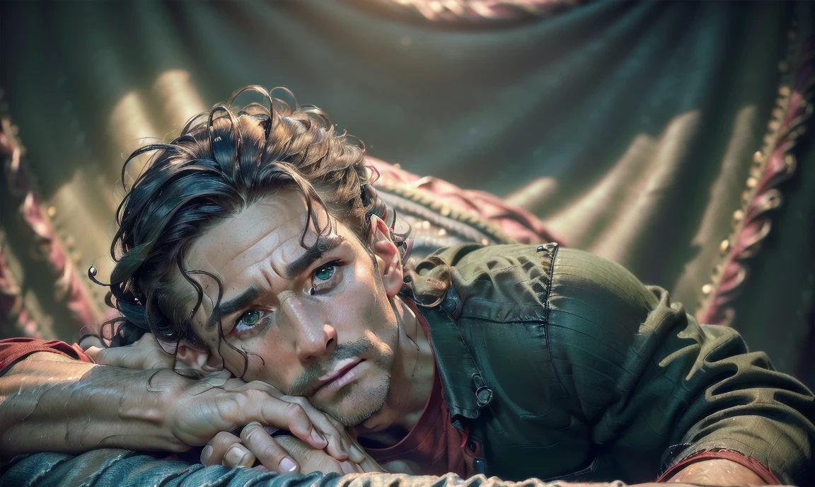 "((highly detailed, detailed eyes, detailed face, clear and realistic facial features, photorealistic, realistic light; cinematic)), (1 man), ((((small studio background)))), (((sophisticated gorgeous refined middle-aged male artist))), ((strangely beautiful yet masculine)), ((((intense fascinated expression)))), ((serene mood)), (((dark green eyes))), ((long wavy brunette hair tied half up)), (((dressed in a red shirt and jeans)))." 