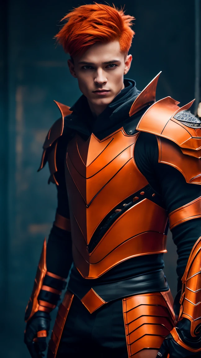 1man, twink, strong, undercut orange hair, orange and black armor with red details, battle pose, highly detailed, cinematic lighting, digital art, hyperrealistic, 8k, best quality, masterpiece, ultra-detailed, realistic, photorealistic, sharp focus, physically-based rendering, extreme detail description, professional, vivid colors, studio lighting, frontal angle.