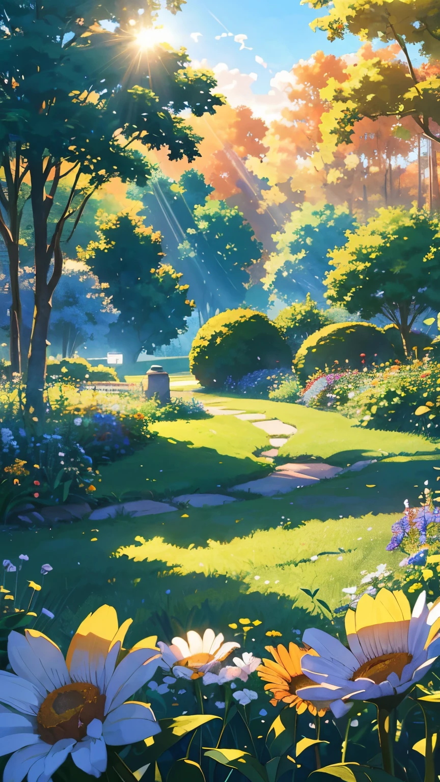 White soft clouds floating in the blue sky,Warm colors reflecting the sun,Above the garden is a lush green pasture, The scene is peaceful, Colorful flowers,Sunlight shines through the dense tree canopy, Casting warm natural heat, buzzer, Reality, High-quality images, 8k, High Detail, Perfect precision, Perfect composition, Elegant and charming, Realistic style, Warm colors, Soft shadows, Crisp details , High-definition quality , Higher lighting style