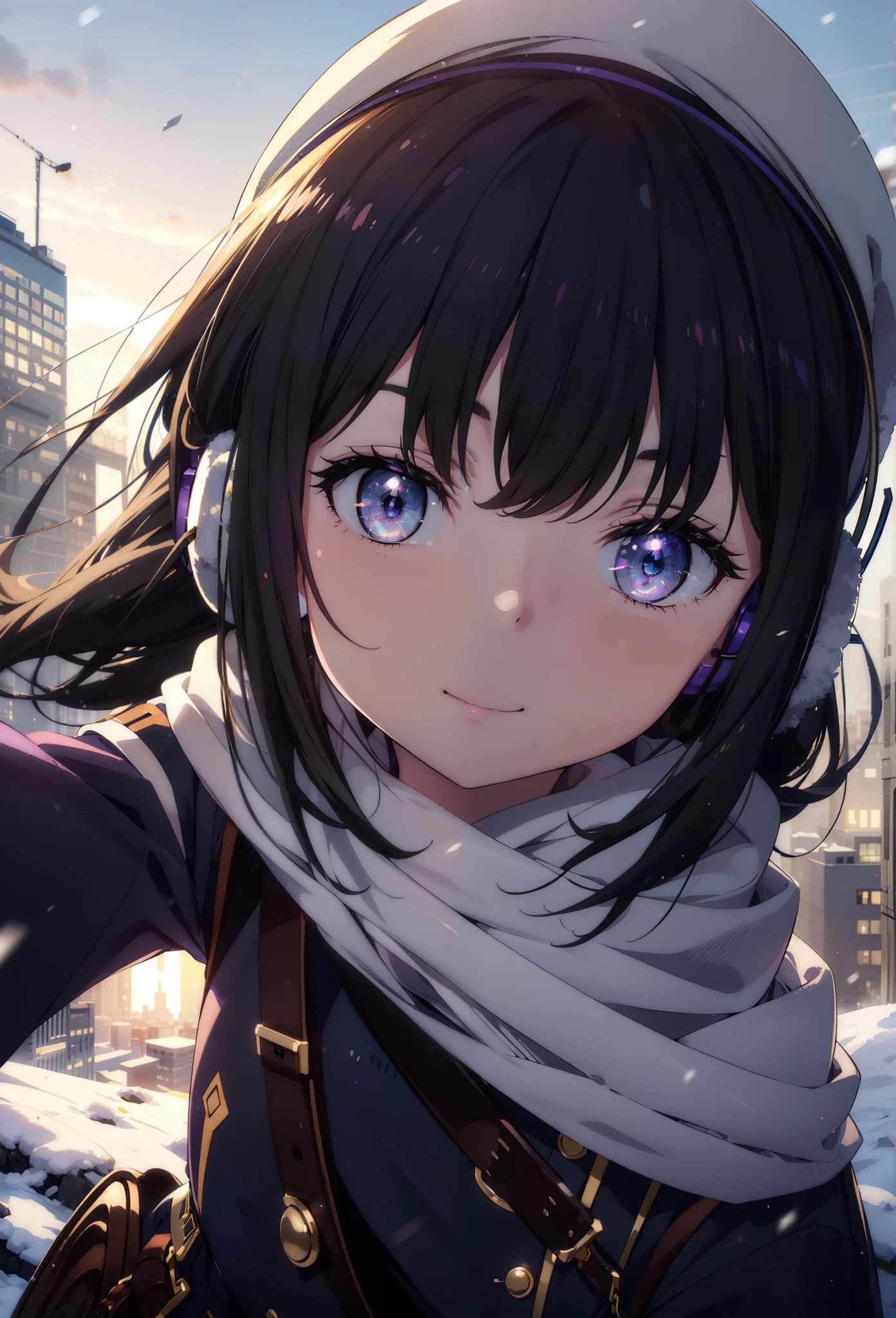 Takiuchikami,Long Hair, bangs, Black Hair, (Purple eyes:1.2),happy smile, smile, Open your mouth,Knitted hat,Earmuffs,Blue oversized coat,White Sweater,White scarf,Long skirt,Black pantyhose,short boots,snowが積もっている,snowが降っている,winter,Cold Sky,night,moonlight,snow,snow,snow,snow,whole bodyがイラストに入るように,Walking,
break looking at viewer, whole body,
break outdoors, city,construction area,
break (masterpiece:1.2), highest qualそれy, High resolution, unそれy 8k wallpaper, (shape:0.8), (Beautiful and beautiful eyes:1.6), Highly detailed face, Perfect lighting, Extremely detailed CG, (Perfect hands, Perfect Anatomy),