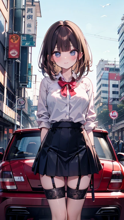Brown Hair、Gazing at the audience、bulging big breasts、Honda NSX、黒のmini skirt、garter、vision、Small face、mini skirt、Beautiful woman、Leaning against the car