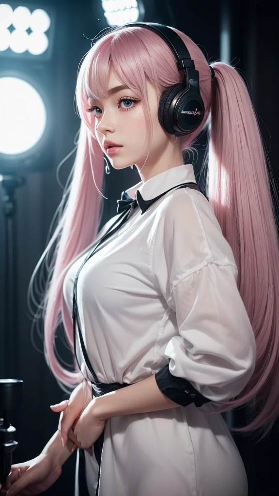 (A photo of a beautiful girl in fashionable casual clothes wearing headphones and singing into a recording microphone in a recording studio was posted on social media.) (The beautiful girl is 17 years old, 18% Japanese, 26% French, and 56% Ukrainian, 178 cm tall, small bust but stylish, with a beautiful, well-balanced figure.) (Her hair is pink ash gray and super long, tied in twin tails with black ribbons, and curls in a spiral toward the tip.) (Her eyebrows are the same color as her hair, thin, slightly thick and short, and her eyelashes are long.) (Her large blue eyes reflect the light of the lighting and are amazingly beautiful like pearls.) (Her nose is high like an English person, her lips are plump and shaped so that you want to kiss them, her skin is translucent white, and the balance between her head and face is in line with traditional Japanese aesthetics.) Her hands should have five fingers. Furthermore, even her nails are drawn very delicately. (Single, Masterpiece, Ultra Detailed, Highest Quality, Artistic Composition, Ultra Precision, Realistic, Photorealistic, High Resolution, Dynamic Lighting Effects, Golden Ratio, Surreal). Try your best to meet all these criteria.