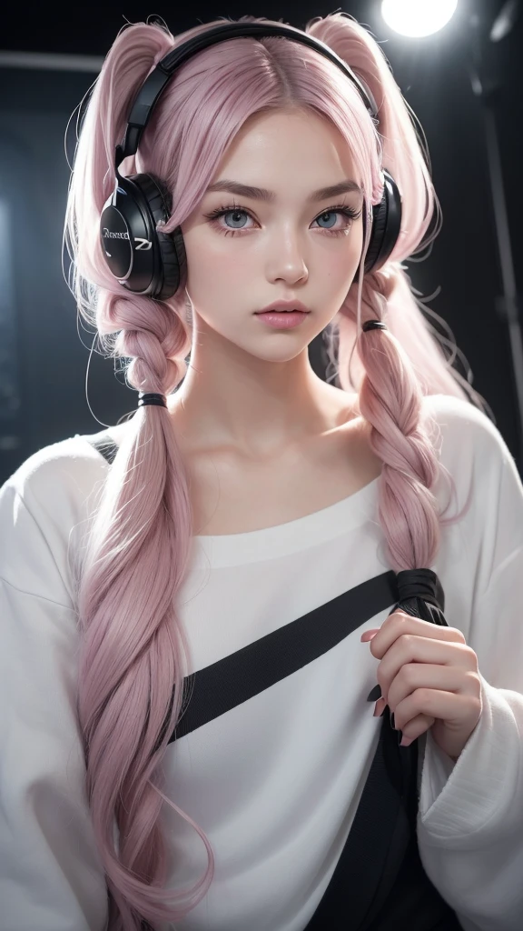 (A photo of a beautiful girl in fashionable casual clothes wearing headphones and singing into a recording microphone in a recording studio was posted on social media.) (The beautiful girl is , 18% Japanese, 26% French, and 56% Ukrainian, 178 cm tall, small bust but stylish, with a beautiful, well-balanced figure.) (Her hair is pink ash gray and super long, tied in twin tails with black ribbons, and curls in a spiral toward the tip.) (Her eyebrows are the same color as her hair, thin, slightly thick and short, and her eyelashes are long.) (Her large blue eyes reflect the light of the lighting and are amazingly beautiful like pearls.) (Her nose is high like an English person, her lips are plump and shaped so that you want to kiss them, her skin is translucent white, and the balance between her head and face is in line with traditional Japanese aesthetics.) Her hands should have five fingers. Furthermore, even her nails are drawn very delicately. (Single, Masterpiece, Ultra Detailed, Highest Quality, Artistic Composition, Ultra Precision, Realistic, Photorealistic, High Resolution, Dynamic Lighting Effects, Golden Ratio, Surreal). Try your best to meet all these criteria.