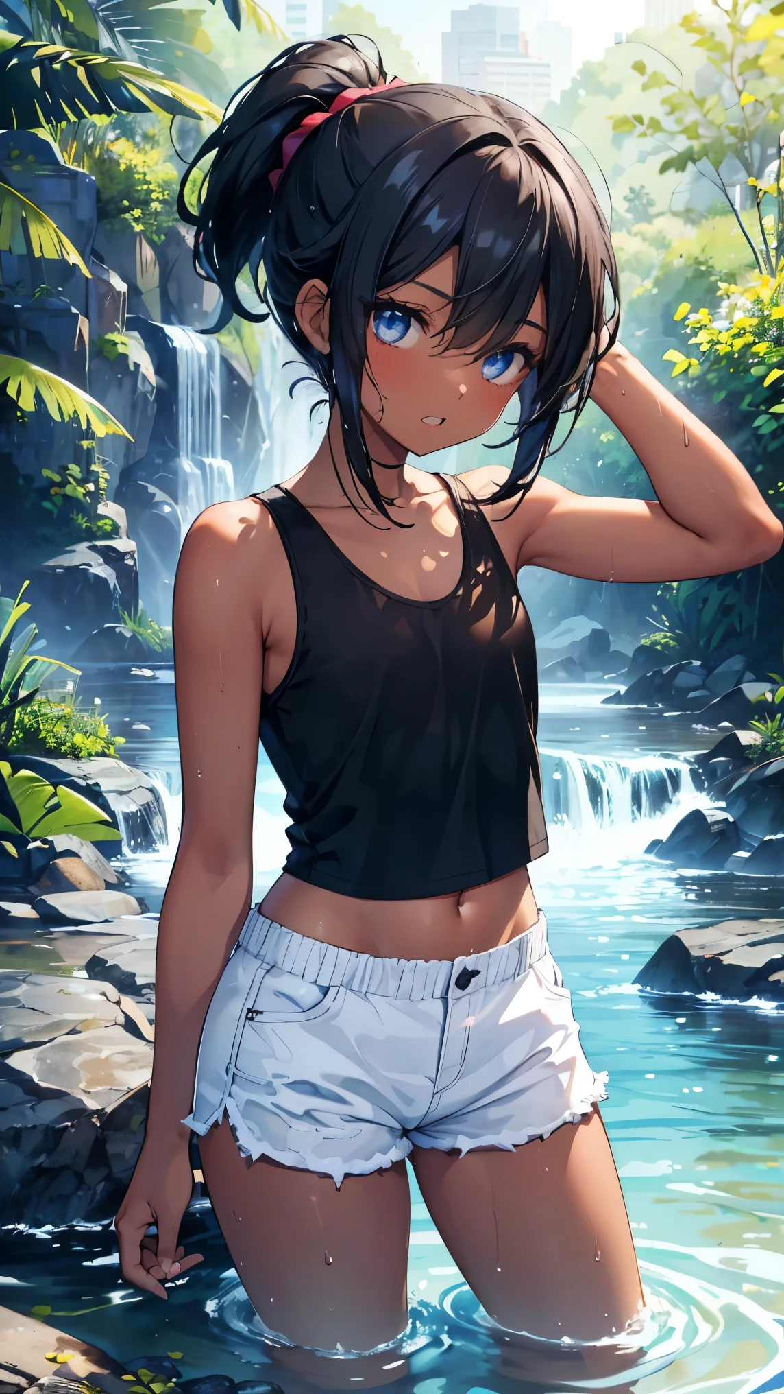,girl,Highest quality,Black Hair,Sunburn,blue eyes,Brown skin,Dark Skin,Very short hair,ponytail,Cat Eyes,Double teeth,Flat Chest,White tank top,Shorts,Wet with water,Clear Stream,river,Water Play,