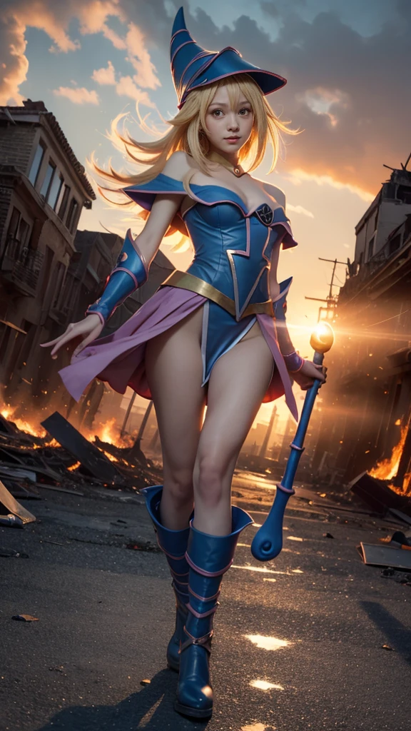 (Giantess element, high resolution, high quality, accurate body structure, detailed body), focus on girl,
BREAK,
(Black Magician Girl: 1.3), sexy, combat uniform, girl, looking up at approaching woman from below, cute, (Girl destroying town with magic: 1.4), mischievous expression, white skin, smiling, trampling, walking, anatomically correct, accurate human body, accurate skeleton, full body portrait, shock wave from girl's hand, (shock wave from magic wand),
BREAK,
Destroying town, rubble, burning town, destroyed buildings, collapsed highway, car being crushed, evacuation of residents, sunset, burning town, rubble scattered at feet, increasing destructive elements,