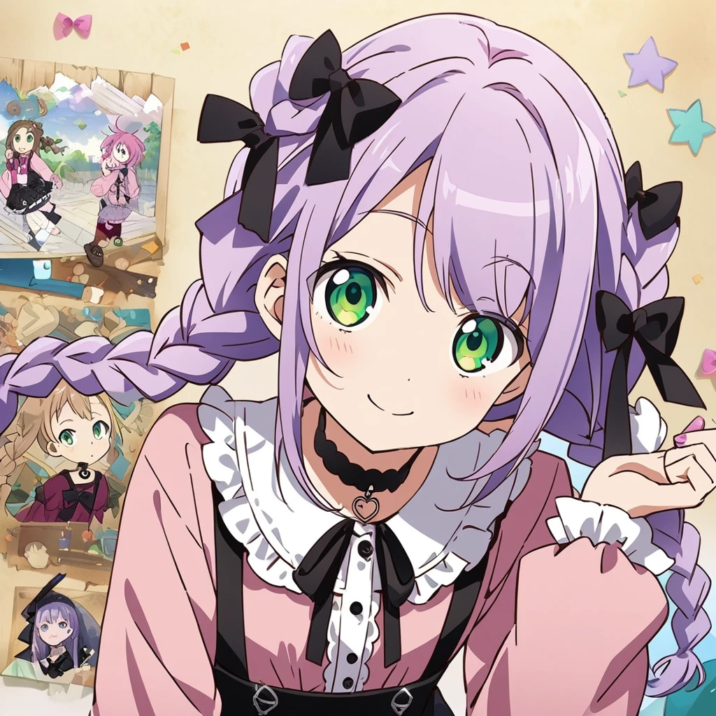 A girl, (a girl with closs hair pin, looking at viewer. Light purple hair, twin braids hair, smiling face, green eyes. closs hair pin, pink shirt, cosplay, jirai kei, bangs, black skirt, black bow, looking at viewer, bow, long sleeves, choker, ribbon:1.4), anime visual, (tilt head:1.3),Cute, Kawaii, Masterpiece, Detailed Drawing, Illustration, Official Art,