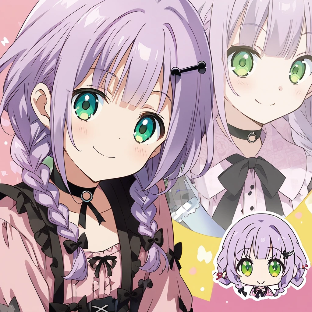 A girl, (a girl with closs hair pin, looking at viewer. Light purple hair, twin braids hair, smiling face, green eyes. closs hair pin, pink shirt, cosplay, jirai kei, bangs, black skirt, black bow, looking at viewer, bow, long sleeves, choker, ribbon:1.4), anime visual, (tilt head:1.3),Cute, Kawaii, Masterpiece, Detailed Drawing, Illustration, Official Art,