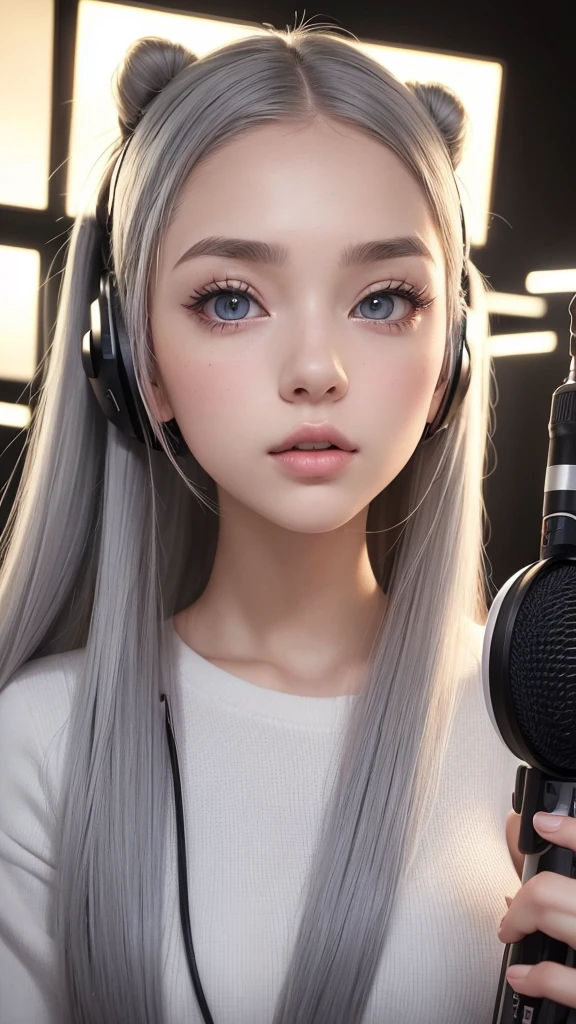 (A photo of a beautiful girl in fashionable casual clothes wearing headphones and singing into a recording microphone in a recording studio was posted on social media.) (The beautiful girl is , 18% Japanese, 26% French, and 56% Ukrainian, 178 cm tall, small bust but stylish, with a beautiful, well-balanced figure.) (Her hair is pink ash gray and super long, tied in twin tails with black ribbons, and curls in a spiral toward the tip.) (Her eyebrows are the same color as her hair, thin, slightly thick and short, and her eyelashes are long.) (Her large blue eyes reflect the light of the lighting and are amazingly beautiful like pearls.) (Her nose is high like an English person, her lips are plump and shaped so that you want to kiss them, her skin is translucent white, and the balance between her head and face is in line with traditional Japanese aesthetics.) Her hands should have five fingers. Furthermore, even her nails are drawn very delicately. (Single, Masterpiece, Ultra Detailed, Highest Quality, Artistic Composition, Ultra Precision, Realistic, Photorealistic, High Resolution, Dynamic Lighting Effects, Golden Ratio, Surreal). Try your best to meet all these criteria.