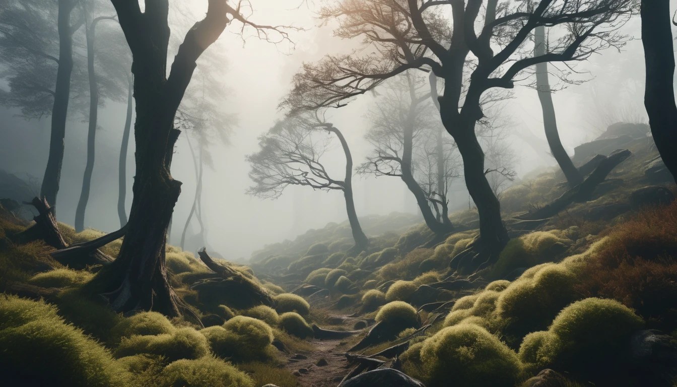 Create a rugged landscape of valleys and mountains, Shrouded in a thick fog, Less sunshine, Has twisted trees and thick trunks, Undergrowth reminiscent of grass and grass, In a hyper-realistic landscape, In dead colors, 4K, Cinema Lighting, Natural light, Film Grain, Cinema Lighting, Attention to detail, Photorealistic, Photorealisticistic, Volumetric lighting and shading