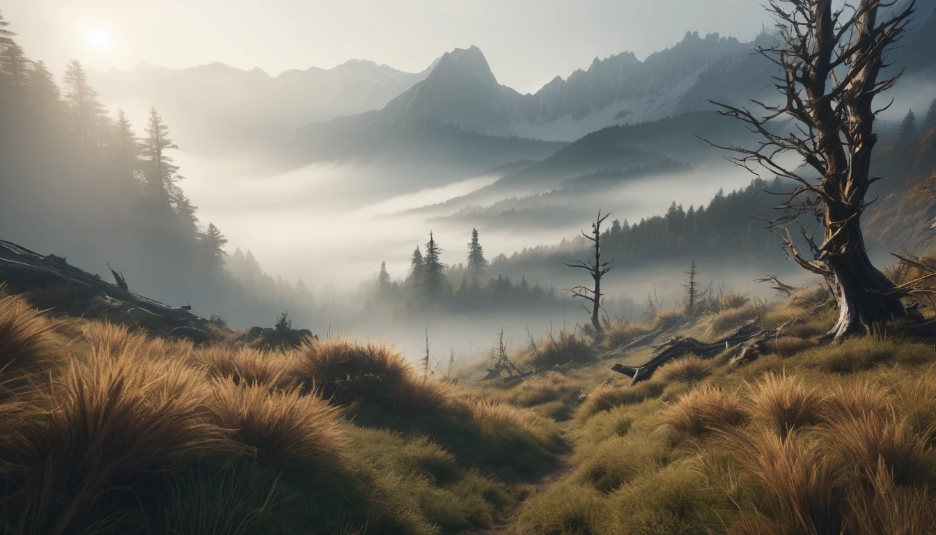 Create a rugged landscape of valleys and mountains, Shrouded in a thick fog, Less sunshine, Has twisted trees and thick trunks, Undergrowth reminiscent of grass and grass, In a hyper-realistic landscape, In dead colors, 4K, Cinema Lighting, Natural light, Film Grain, Cinema Lighting, Attention to detail, Photorealistic, Photorealisticistic, Volumetric lighting and shading