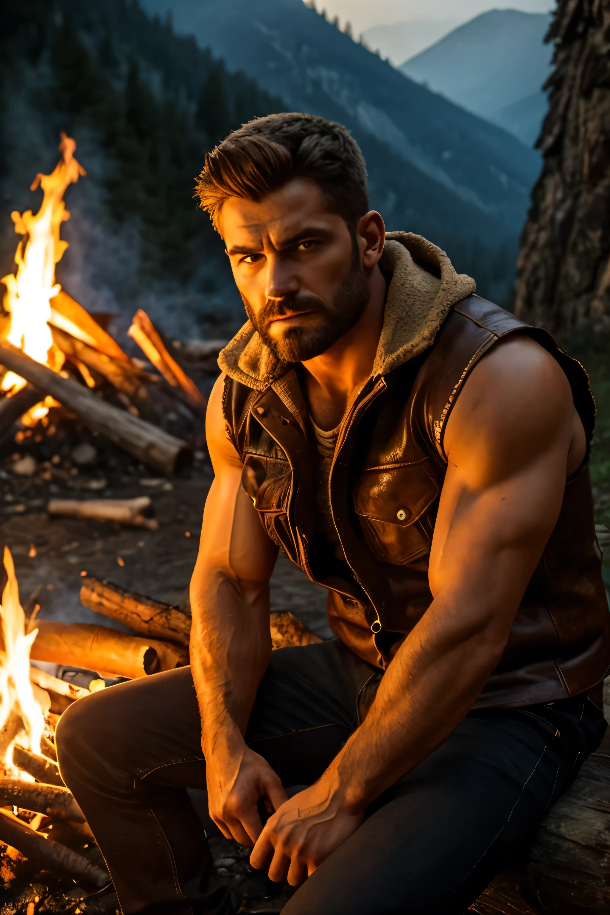 Draw a strong man, muscular and rugged, dressed in rustic clothing made of leather and thick fabrics. He is sitting next to a campfire in a wild, natural environment, like a forest or mountain. The firelight illuminates your face dramatically, revealing extremely realistic and detailed facial features. His expression is intense and serious, with a penetrating gaze that conveys strength and determination. The setting should be simple to keep the focus on the man and his powerful gaze, highlighting the texture of the clothes and the natural lighting of the fire.