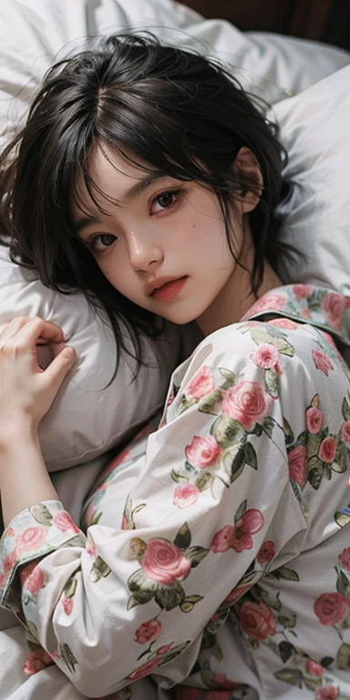 Cute girl lying face down on the bed and staring at you, 22 years old, Realistic, She wears a short, She is wearing floral pajamas, short hair.Shoulder Bare