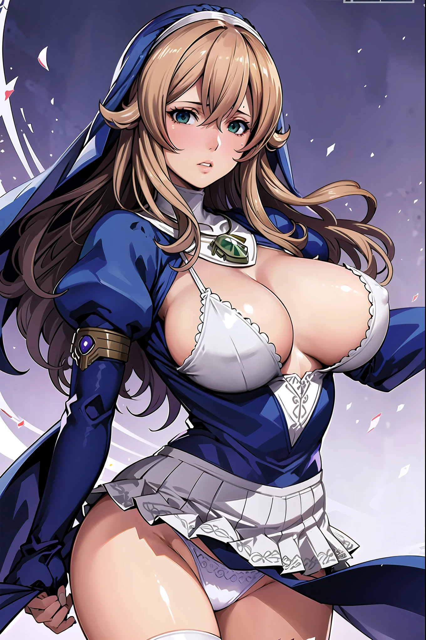 masterpiece, super fine illustration, best quality, light particles, ultra-detailed, 8K, (bright colors:1.2),[official art],[[anime styled]],[[digitalart]],siggy, nun, 20yo,young female, brown long hair, bangs, green eyes, purple cape on her head, purple outfit, cleavage cutout, cleavage, puffy sleeves, jewelry, necklace,embarrassed,[bare breasts,elect nipples:1.3],[skirt lift,upskirt],(white panties), break background church