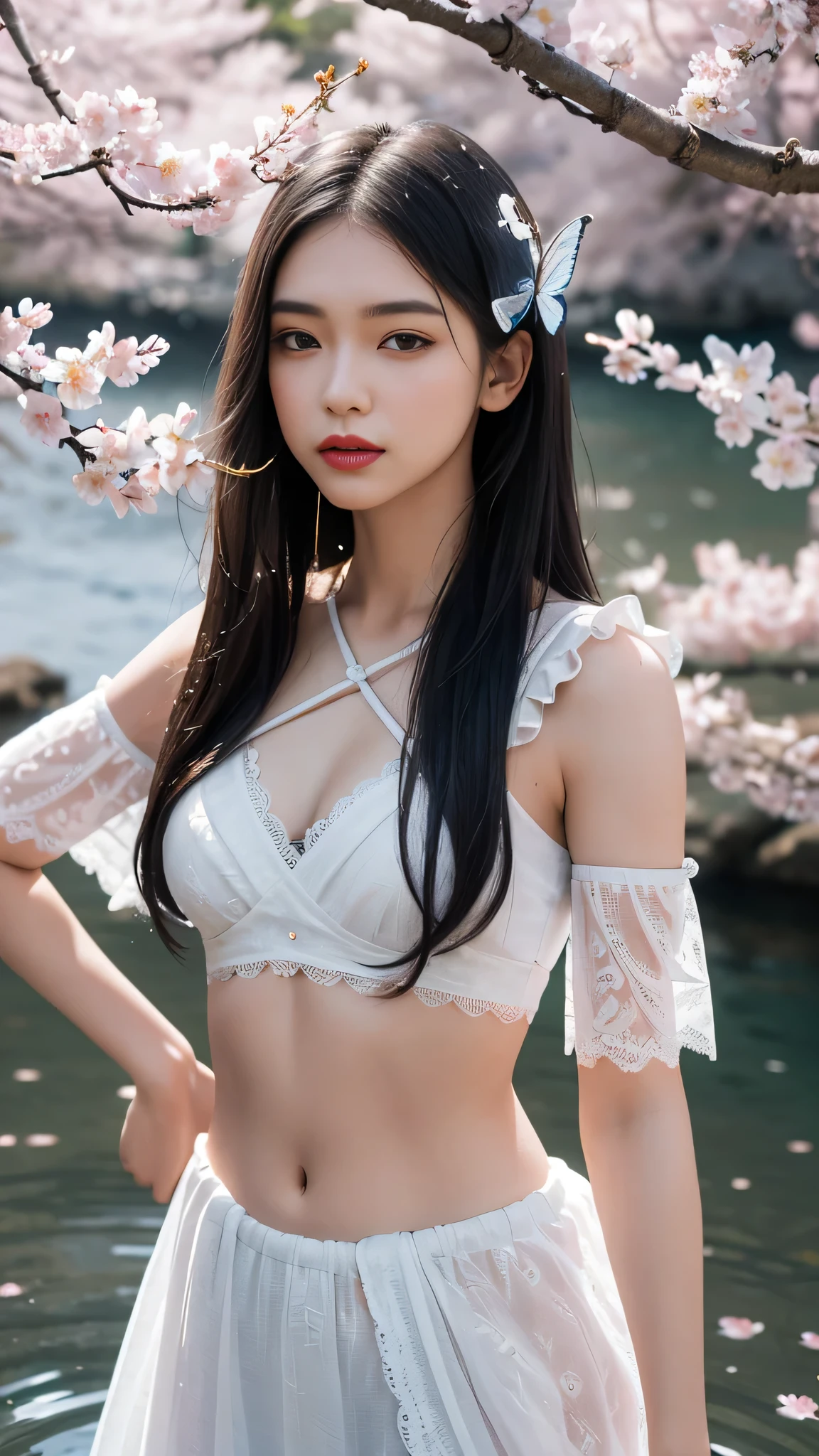 8K, ultra hd, masterpiece, 1 girl, good face, very long hair, detailed eyes, detailed lips, small breasts, detailed clothing, white clothing, ((criss-cross lace), sardine, bare waist, ornament, jewellery, antique jewellery, loops, straps, dim lighting, epic scenery, night scenery, ((moon light)), cherry blossom, beautiful, rain, flowers, butterfly, water reflection, RTX 4090, ray tracing, bloom effect, front body pose,