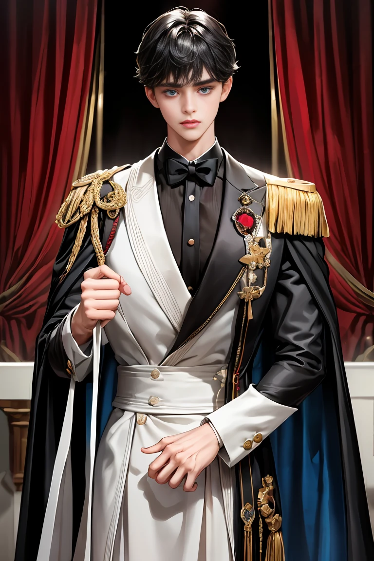 
masterpiece, 最high quality, high quality, 1 boy, alone, Male focus, Watching the audience,  Messy black hair, Adorable big blue eyes, White, Noble, Noble,A sexy, voluminous, puffy cape、tuxedo、A very voluminous, large, very large, very large, long, long red and black cape with a high stand-up collar, made of a lot of fabric that reaches down to the floor., 17 years old,Cute beautiful boys,Cute, cute, kind, handsome guy
