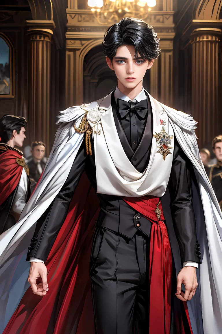 
masterpiece, 最high quality, high quality, 1 boy, alone, Male focus, Watching the audience,  Messy black hair, Adorable big blue eyes, White, Noble, Noble,A sexy, voluminous, puffy cape、tuxedo、A very voluminous, large, very large, very large, long, long red and black cape with a high stand-up collar, made of a lot of fabric that reaches down to the floor., ,Cute beautiful boys,Cute, cute, kind, handsome guy