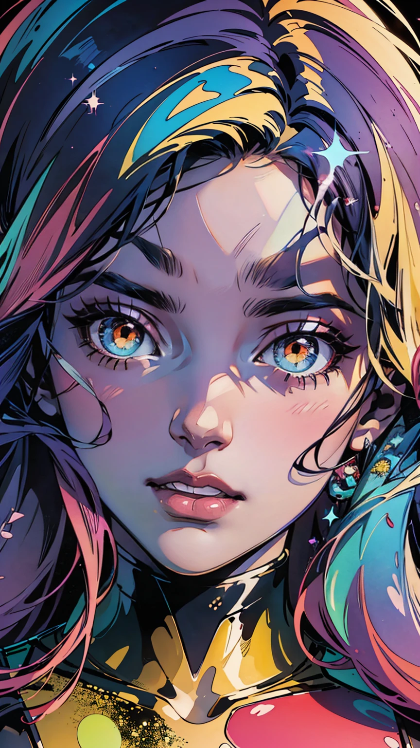 a portrait of a woman who looks very bored, glitter slime dripping from her face, she has long hair with colored streaks, neon lipstick