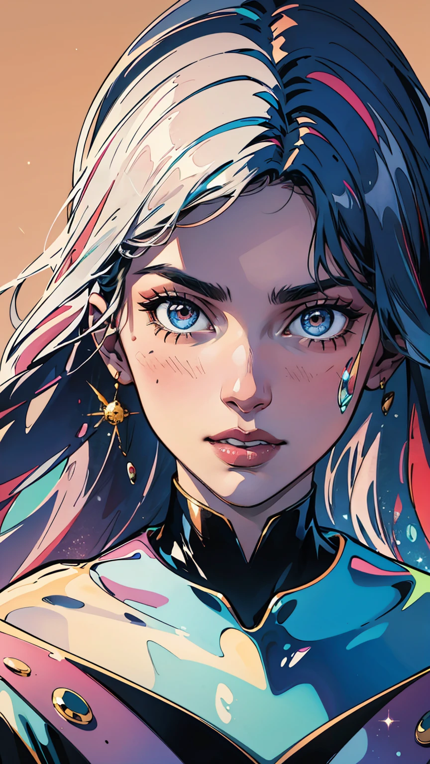 a portrait of a woman who looks very bored, glitter slime dripping from her face, she has long hair with colored streaks, neon lipstick