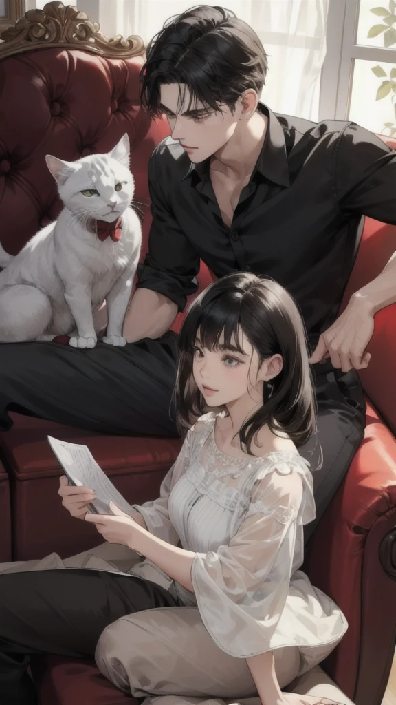 A young Caucasian man and a young Caucasian girl sit on a sofa in an apartment with several cats..
black hair, highest resolution, detailsมาก, quality, detailsสูง, details, qualityที่ดีที่สุด, Anatomically correct, high resolution model, 