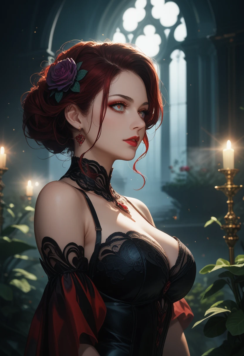 Vampire Girl 1,sexy figure,Nice Curvy,gorgeous,Garden Bright Colors,clear details,dark colors,dark gloomy atmosphere,Moonhaze Garden,fog,masterpiece,ultra detail,amazing background,Black Paints and Colors,Beautifully dressed,red and black clothes,Beautiful views,cinematic film still,score_9,score_8_up,score_7_up,dramatic lighting,highly detailed,high budget,bokeh,cinemascope,moody,epic,gorgeous,film