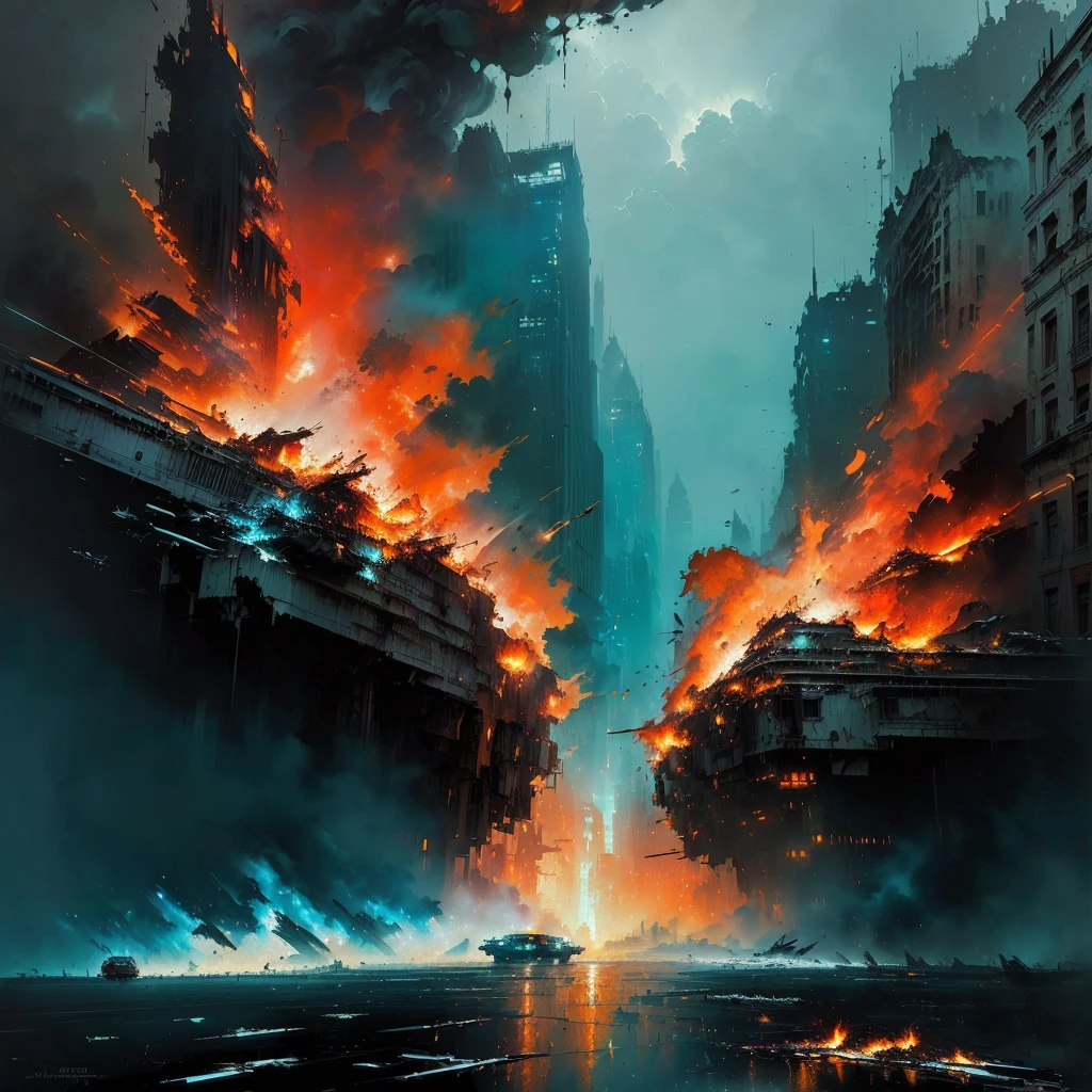 a painting of a city with a lot of fire coming out of it, style of john berkey, by John Berkey, style of john harris, dramatic artwork, destroyed city on fire, stefan koidl, destroying new york city, by joseph binder, stefan koidl inspired, the buildings are on fire, by Rudolph Belarski, ships on fire