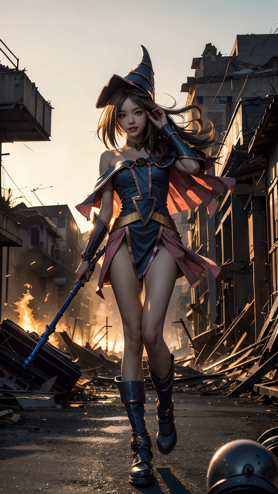 (Giantess element, high resolution, high quality, accurate body structure, detailed body), focus on girl,
BREAK,
(Black Magician Girl: 1.3), sexy, combat uniform, girl, looking up at approaching woman from below, cute, (Girl destroying town with magic: 1.4), mischievous expression, white skin, smiling, trampling, walking, anatomically correct, accurate human body, accurate skeleton, full body portrait, shock wave from girl's hand, (shock wave from magic wand),
BREAK,
Destroying town, rubble, burning town, destroyed buildings, collapsed highway, car being crushed, evacuation of residents, sunset, burning town, rubble scattered at feet, increasing destructive elements,