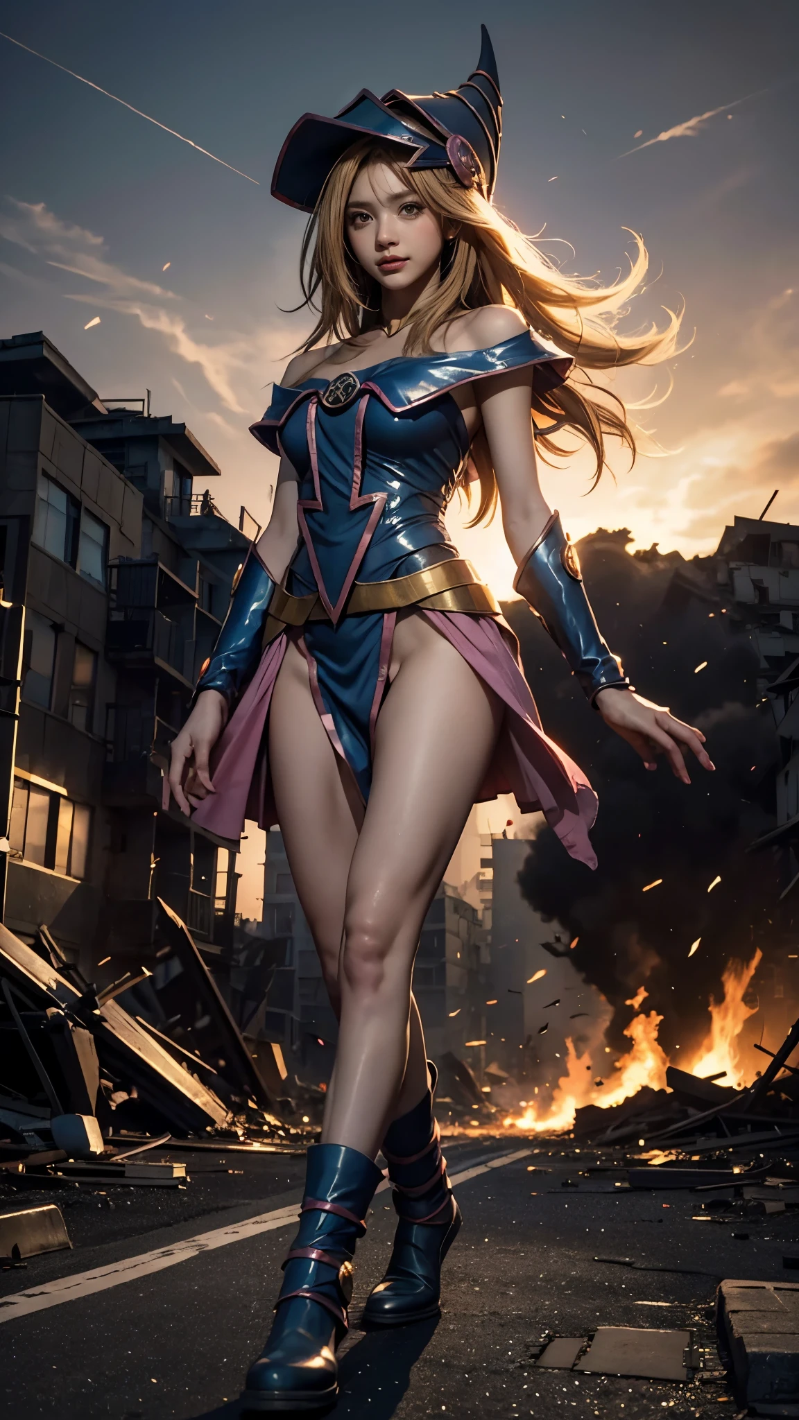 (Giantess element, high resolution, high quality, accurate body structure, detailed body), focus on girl,
BREAK,
(Black Magician Girl: 1.3), sexy, combat uniform, girl, looking up at approaching woman from below, cute, (Girl destroying town with magic: 1.4), mischievous expression, white skin, smiling, trampling, walking, anatomically correct, accurate human body, accurate skeleton, full body portrait, shock wave from girl's hand, (shock wave from magic wand),
BREAK,
Destroying town, rubble, burning town, destroyed buildings, collapsed highway, car being crushed, evacuation of residents, sunset, burning town, rubble scattered at feet, increasing destructive elements,