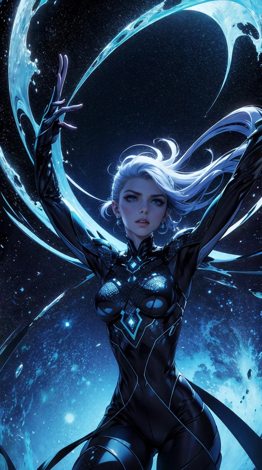 1gril. generate a celestial and colorful ice angel. her eyes should be beautifully detailed, extremely detailed, realistic, macro, and bright. her face should be fierce and dynamic. She should have soft, full lips and an arched nose. Her face should have high cheekbones, a strong jawline, and large lips. include a highly detailed face with realistic eye shading. her clothes are long and flowing and made of silk and lace and pearls. include frosty details such as snow, wind, snowflakes, cold air, and night sky. include phantasmal iridescence, shimmer, glimmer, and bumps, as well as beautiful and intricate fantasy details. this is a magical and high fantasy image. cold, frost, frost on image, frost on camera, frost on figure, intricate snowflakes ((masterpiece)), best quality, high quality, highres, intricate details, portfolio piece, bryan organ, matte, trending on art station, in the style of greg rutkowski, include magical ice creature, use shades of blue, include fur, (dynamic composition), (highly detailed), ornate, ultra detailed, detail enhancements, magical details, fantasy vibes, very detailed ice dragon, beautiful and intricate ice chimera, ((dynamic composition)). include colorful iridescence