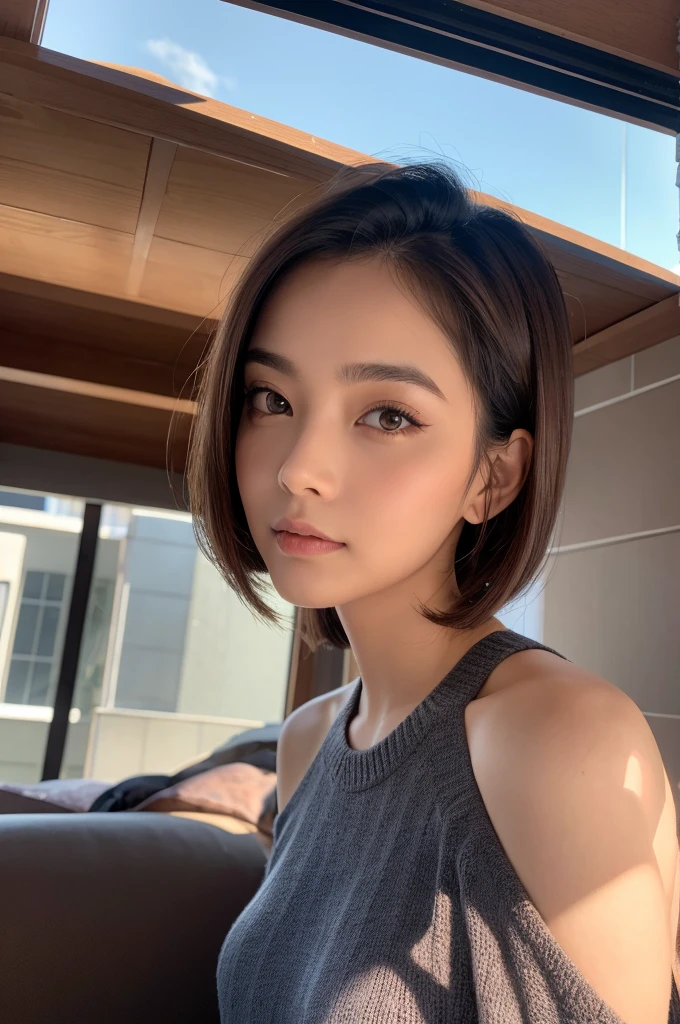 ((top-quality、8K、​masterpiece:1.3))、Beautuful Women、1girl in、(cute little)、Slender Abs:1.1、(random color dress)、((short-hair))、hyperdetailed face、very detailed lips、A detailed eye、二重まぶた、(well-groomed bangs.1.3)、dark brown  hair、big eye、enticing lips、The corners of the mouth rise、Black eye、(Night Party)、cute littleワンアジア人の顔, the face of a beautiful Japanese girl, with short hair with bangs, white hime cut hairstyle、Slender eyes、